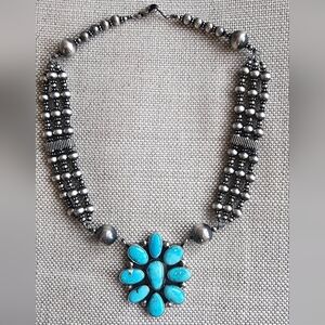 Kathleen Navajo Kingman Turquoise and Silver Beaded Necklace